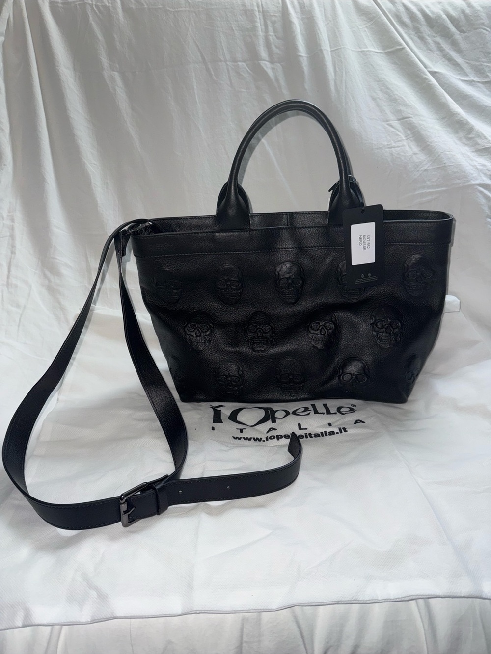 IO PELLE Skull Embossed Black Leather Crossbody TOTE BAG Made In Italy